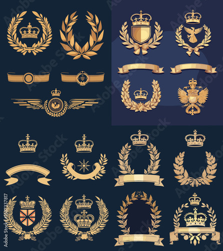Golden Heraldic Emblems: A collection of regal golden heraldic emblems, including crowns, laurel wreaths, shields, and winged symbols, alluding to themes of nobility, achievement, and tradition.