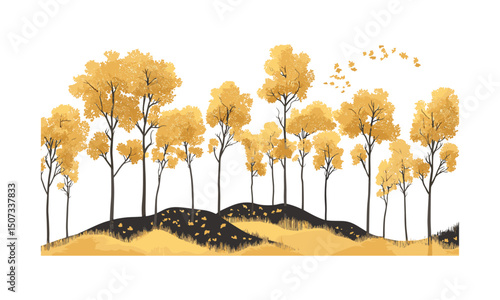 Foothills Vector Illustration with Golden Aspen Tree Silhouettes, engraved seasonal forest, trembling leaves, warm foliage design, vintage hill nature clipart, autumn tree landscape, cutout.
