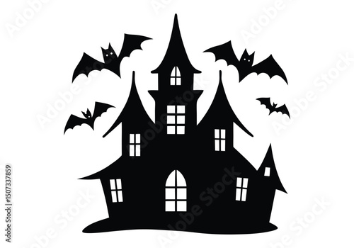 halloween haunted house with bats silhouette  