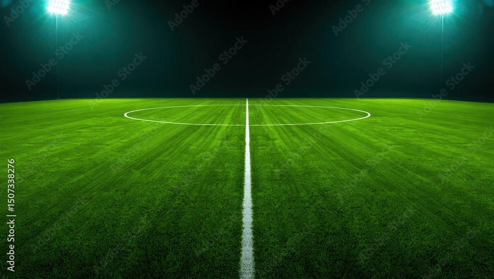 Obraz premium Illuminated Soccer Field at Night with Center Circle and Line Under Bright Stadium Lights for Sporting Event