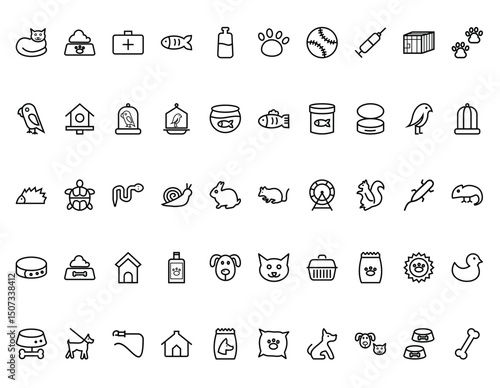 Black outline icons of pets and petrelated objects arranged in rows on a white background