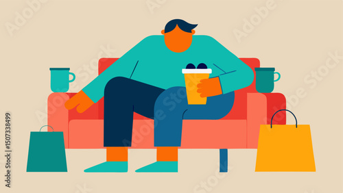 Exhausted Shopper A character slumped on a couch surrounded by shopping bags with a cup of coffee in one hand and tired eyes.