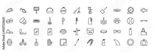 Line art of pet care items leashes beds toys food grooming tools accessories