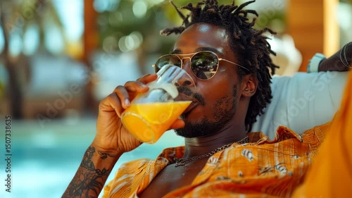 Man enjoys tropical drink poolside.