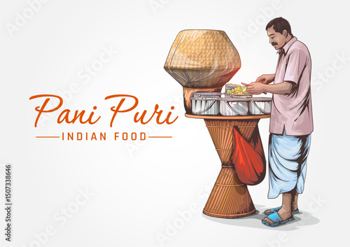 Hand-Drawn Vector Illustration of Indian traditional Street Food Golgappa, Pani Puri, or Fuchka. Seller Making Pani Puri on Isolated white