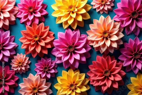 Intricate dahlia blooms, vibrant colors, repeating pattern, floral, graphic