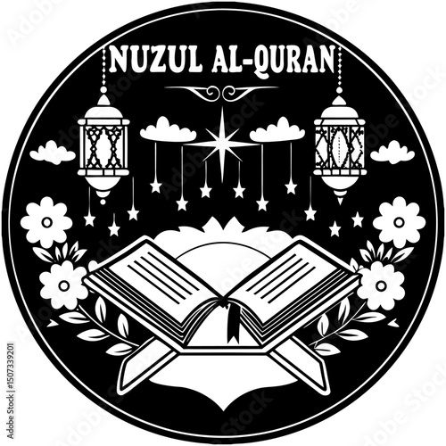 A digital graphic featuring an open Quran on a stand, emanating light from its pages. The text Nuzul Al-Quran is prominently displayed above the Quran