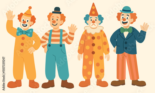 Cartoon clowns in colorful costumes with different expressions – flat vector illustration.