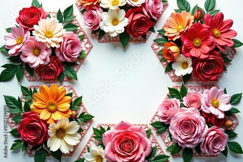 Intricate floral bouquets arranged in hexagons, design element, line, stylish