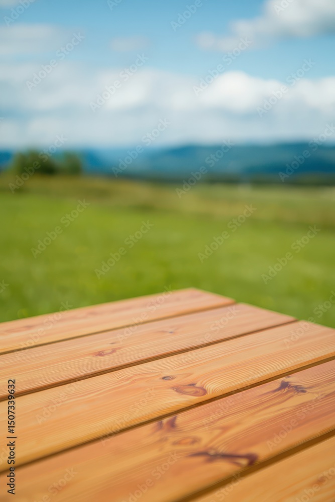 Fototapeta premium Wooden Tabletop with Blurred Green Meadow and Blue Sky Background for Product Display or Mockup