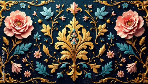 Intricate floral damask, elegant gold accents, interior, traditional