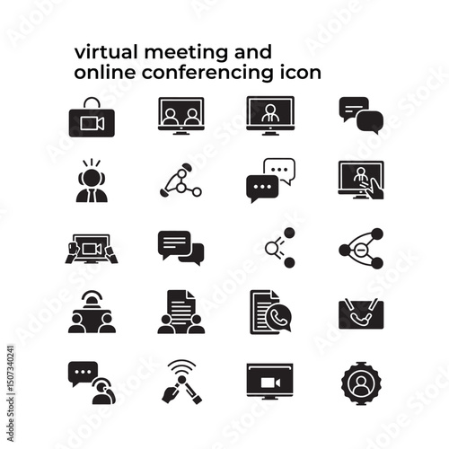 Set of black and white virtual meeting and online conference icons design elements