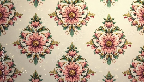 Intricate floral damask pattern in muted tones, muted, damask, vector
