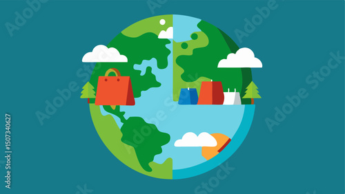 Divided Earth A large lush green Earth with trees and wildlife on one half contrasting with a pile of colorful shopping bags spilling over on the other half.