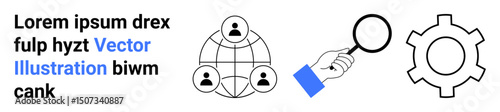 Hand holding magnifying glass, network of connected people, and gear outline symbolizing teamwork, problem-solving, innovation, analysis, digital collaboration, research, and a simple landing page