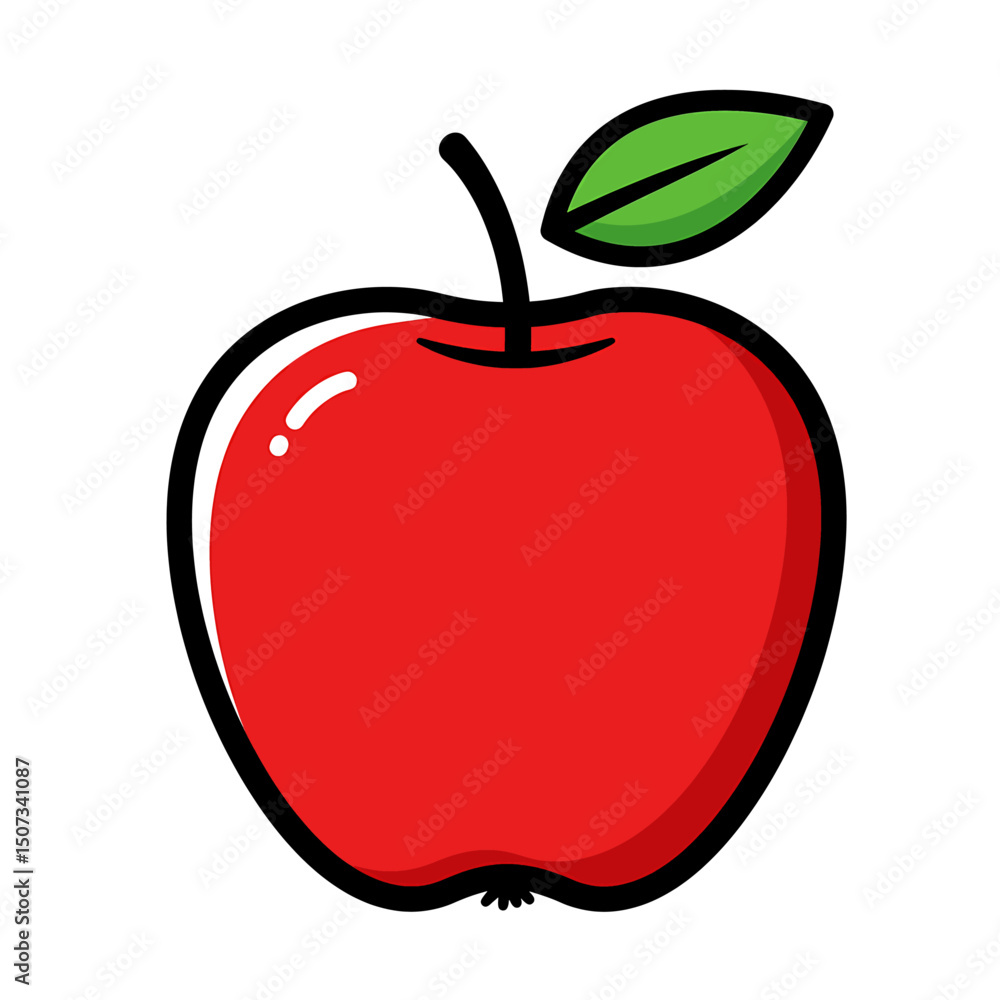 Stylized red apple icon drawing green leaf thick black outlines vibrant illustration Stylized red apple icon drawing green leaf thick black outlines vibrant illustration