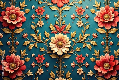 Intricate floral damask textile, faded elegance, aesthetic, motif, retro