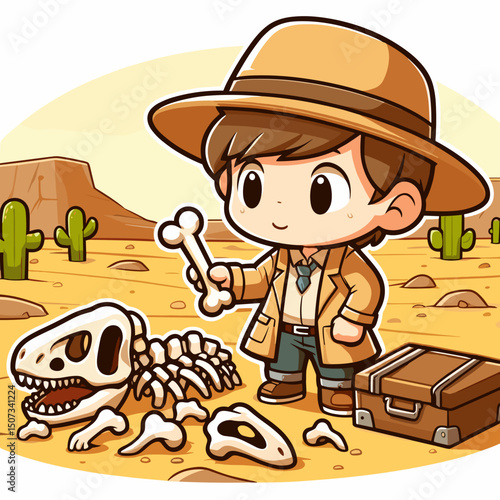 Chibi paleontologist discovering dinosaur bones in desert, colorful vector art