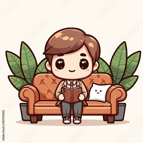Chibi psychologist with couch, notebook and warm smile, colored vector art