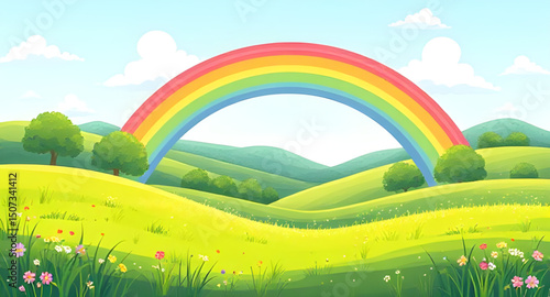 rainbow scenery illustration, rainbow nature cartoon, rainbow and sunshine background, rainbow grassland cartoon, rainbow countryside cartoon, rainbow spring background, rainbow summer landscape, rain