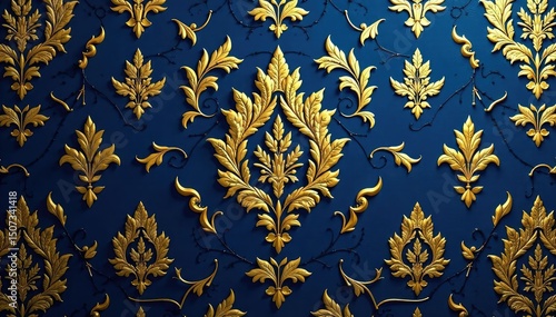 Intricate floral damask textile, opulent gold on deep blue , illustration, detail