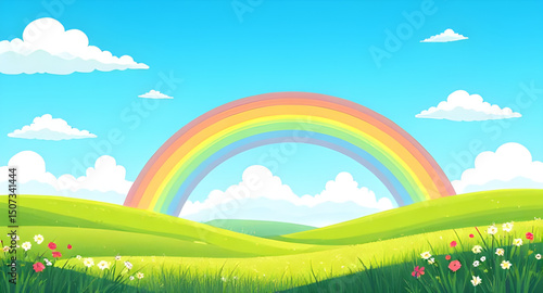 cartoon meadow with rainbow, rainbow scenery illustration, rainbow nature cartoon, rainbow and sunshine background, rainbow grassland cartoon, rainbow countryside cartoon, rainbow spring background, r
