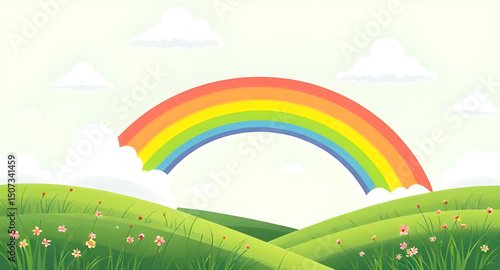 rainbow children background, cartoon meadow with rainbow, rainbow scenery illustration, rainbow nature cartoon, rainbow and sunshine background, rainbow grassland cartoon, rainbow countryside cartoon,