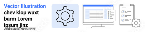 Gear beside a computer screen displaying a table and clipboard with checklist. Ideal for workflow, process management, productivity, planning, organization, business tools, simple landing page