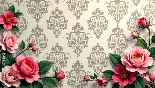 Intricate floral damask wallpaper in muted tones , pastels, damask