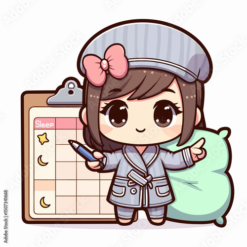 Chibi sleep coach holding pillow and sleep schedule chart, colorful vector illustration