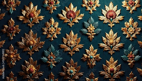 Intricate floral damask wallpaper, opulent gold accents, detail, home decor, art