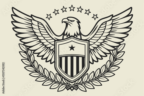 Detailed Vector Eagle Emblem with Shield, Stars, and Laurel Wreath, Black and White Patriotic Icon, Military Symbol                                   