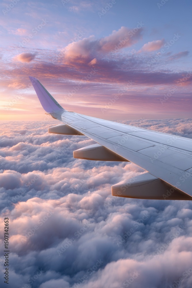 Obraz premium Airplane wing over clouds at sunset viewed from above