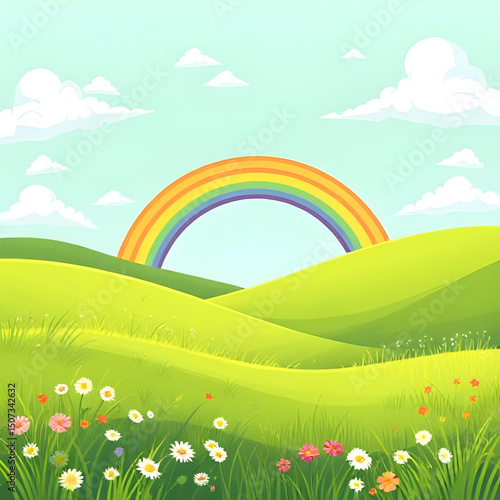 sunny sky cartoon, rainbow over hills, cartoon rainbow illustration, colorful rainbow background, children’s cartoon landscape, bright summer rainbow, cartoon meadow with rainbow, rainbow clouds carto