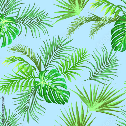 Green tropical palm leaves seamless vector pattern on the black background. Trendy summer print.	
