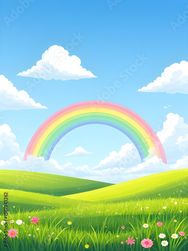 rainbow cartoon background, rainbow over meadow, rainbow in mountains, cartoon rainbow scene, colorful rainbow art, rainbow sky illustration, rainbow hills cartoon, rainbow valley background, meadow w