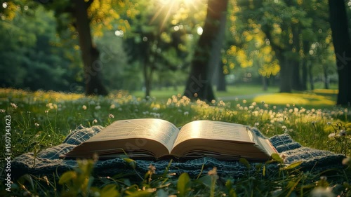Open book with sunny park, and spring.