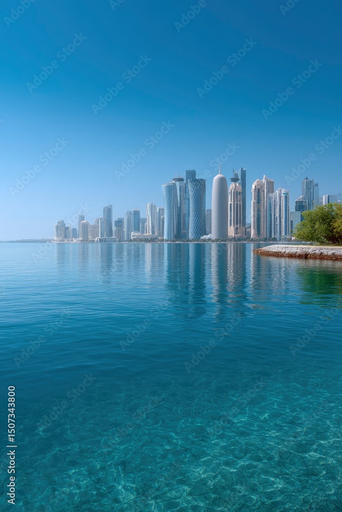 Obraz premium Clear ocean reflects a skyline showcasing modern architecture