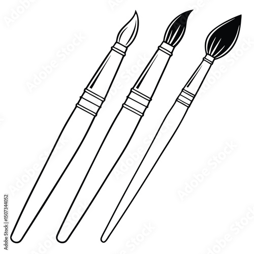 Three paintbrushes with different brush heads in black and white line art.