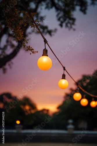 Glowing round bulbs hang from a wire amidst trees bathed in soft sunset colors