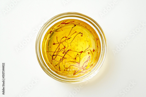 saffron threads in a small glass dish top down view