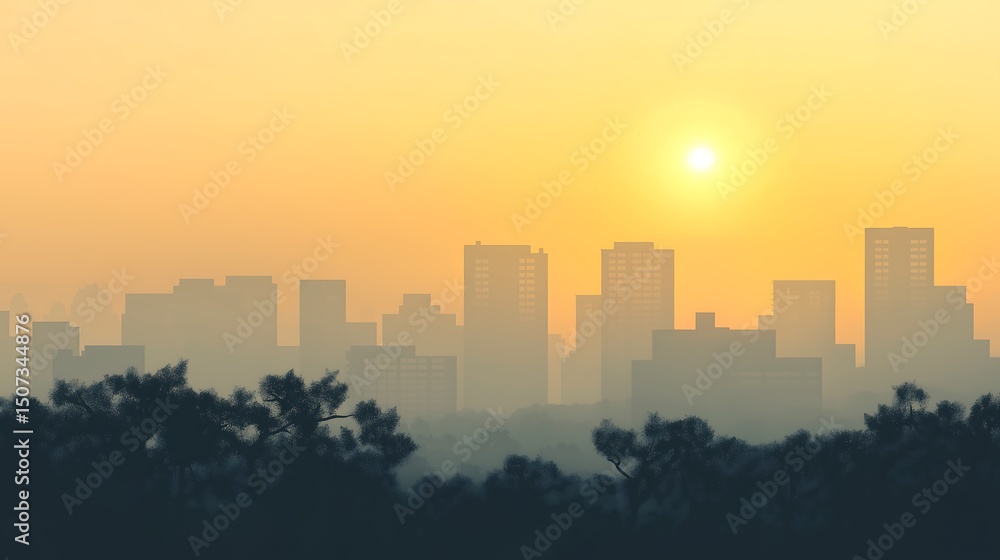 Fototapeta premium Misty Urban Skyline at Sunrise – Atmospheric Cityscape with Skyscrapers and Fog