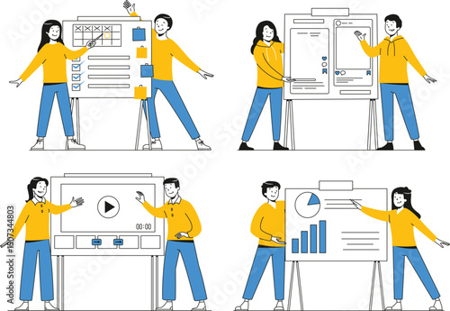 A flat vector scene of creative specialists presenting analytics, planner, content strategy, and multimedia tools on whiteboards