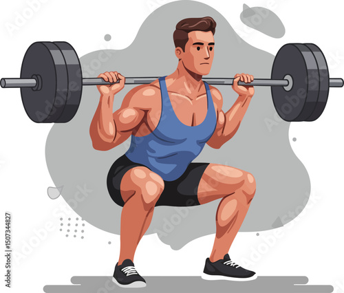 Man performing barbell squat exercise for strength training and muscle building vector illustration 