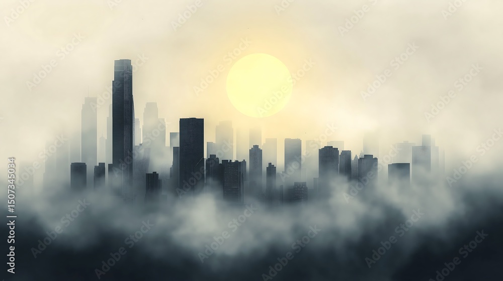 Obraz premium Misty Urban Skyline at Sunrise – Atmospheric Cityscape with Skyscrapers and Fog