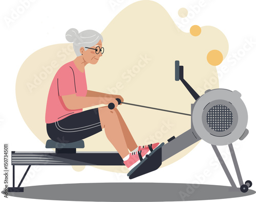 Senior woman exercising on rowing machine indoor fitness activity for healthy lifestyle and wellness 