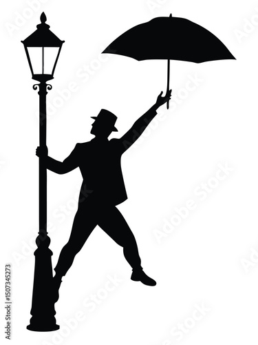 Singing in the rain inspired silhouette of a man dancing with umbrella.