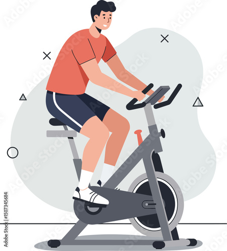 Man exercising on stationary bike indoor fitness training for cardio workout vector illustration 