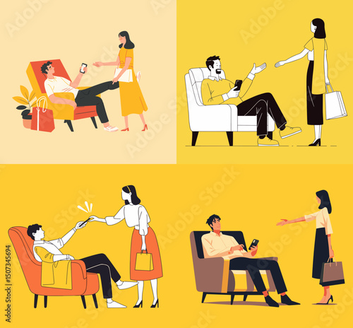 Technology's Touch: Illustrated vignettes depict the interplay between technology and people, showcasing relationships and digital interactions in modern settings.
