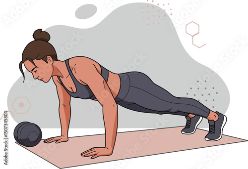 Woman doing pushup exercise on yoga mat with dumbbell nearby in fitness workout routine 